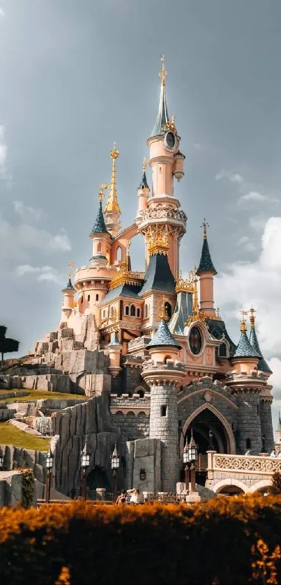 An enchanting fairytale castle under a cloudy sky.