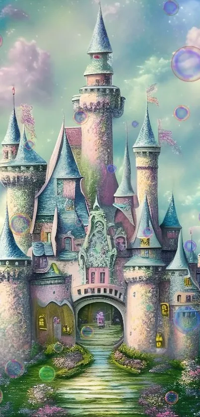 Enchanted castle with turrets and pastel skies, creating a magical atmosphere.