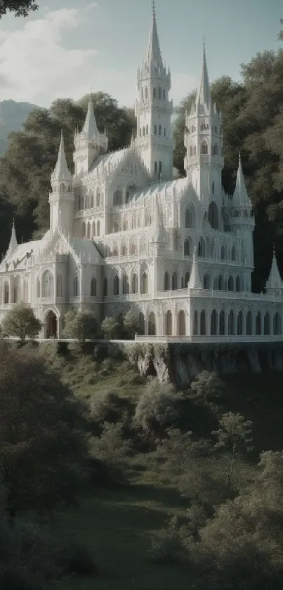 Enchanted castle in lush green forest under soft light.