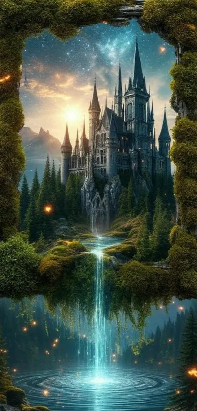 Enchanted castle with a waterfall and lush greenery, glowing in magical light.