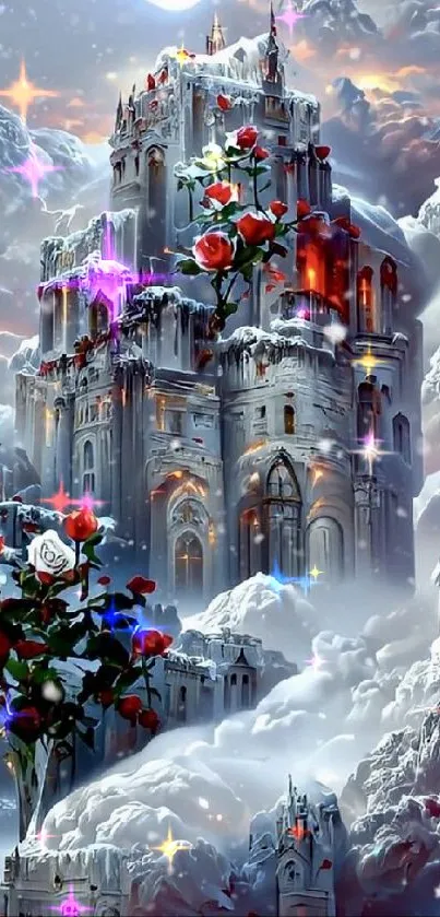 Enchanted castle with red roses in a snowy winter setting.