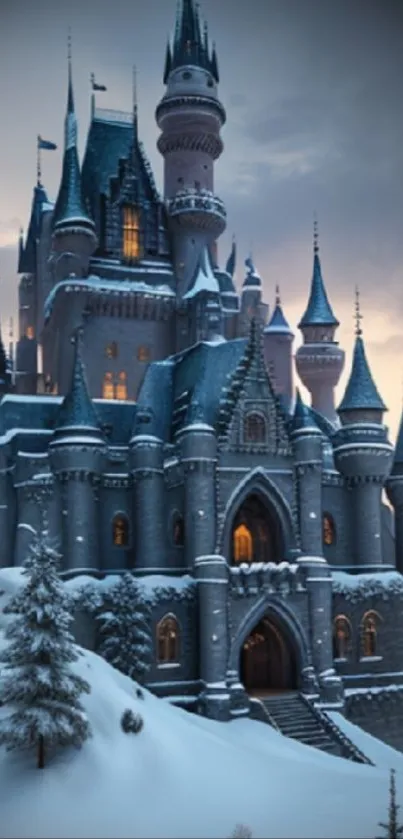 Snow-covered fantasy castle in winter landscape wallpaper.