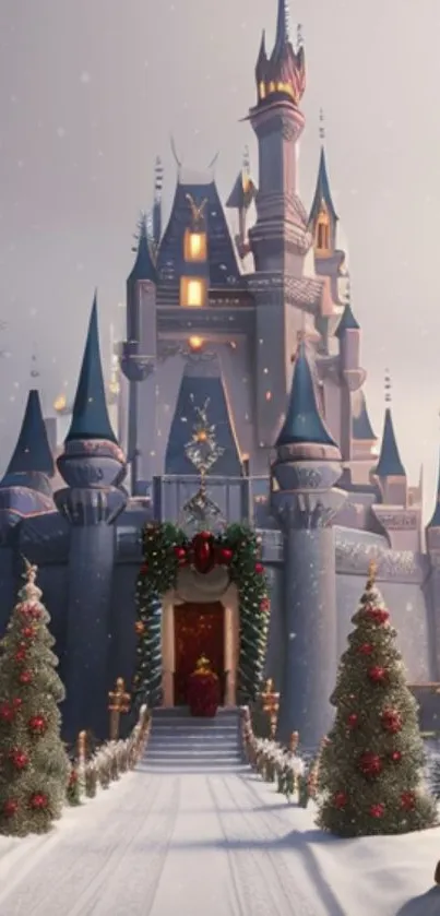 Enchanted castle with snowy holiday decorations in winter setting.