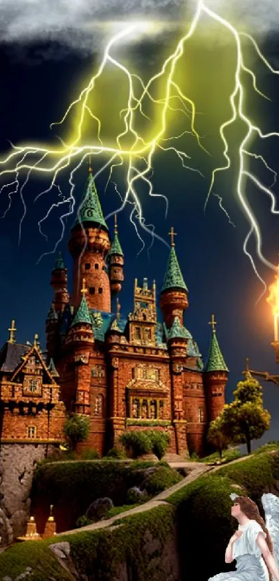 Enchanted castle with striking lightning and glowing torches on a mystical night.