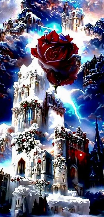 Fantasy castle with a red rose amid mystical clouds.