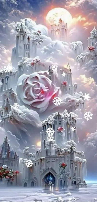 Enchanting castle with roses and clouds in a fantasy landscape.