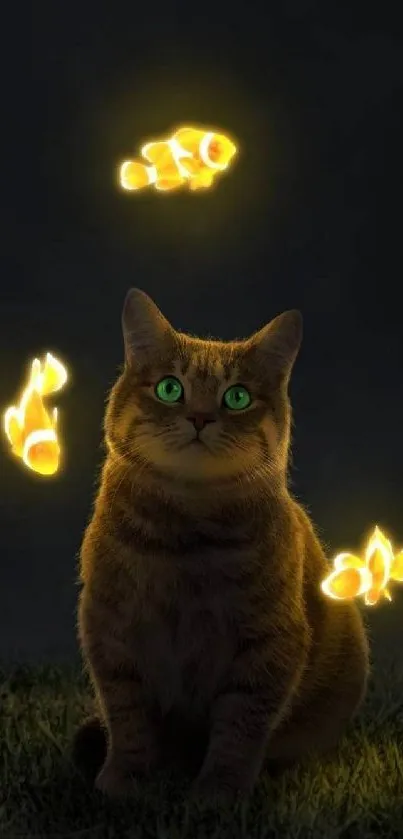 Enchanting cat with glowing fish at night.