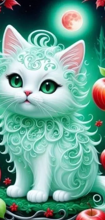 Enchanted teal cat with curly fur and red apples in a moonlit fantasy setting.