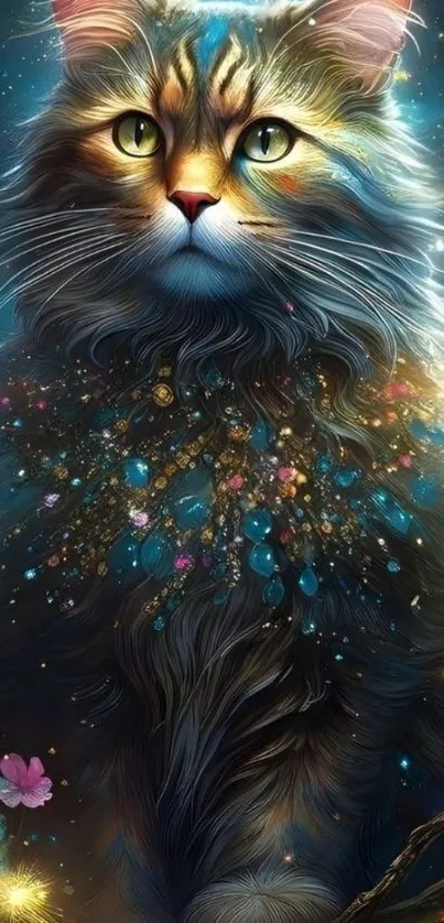 Fantasy cat with jewels in vibrant colors.