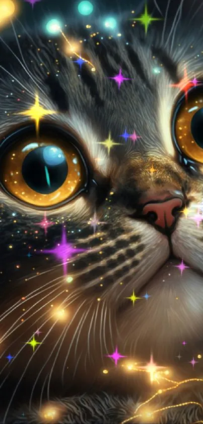 Enchanted cat with cosmic lights wallpaper.