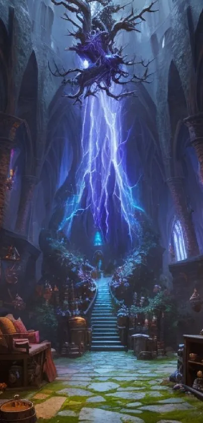 Enchanted cathedral with magical lightning and mystical lighting, creating a fantasy ambiance.