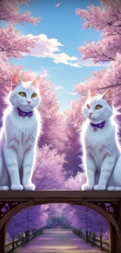 Two white cats sit in a magical lavender forest, creating a serene mobile wallpaper.