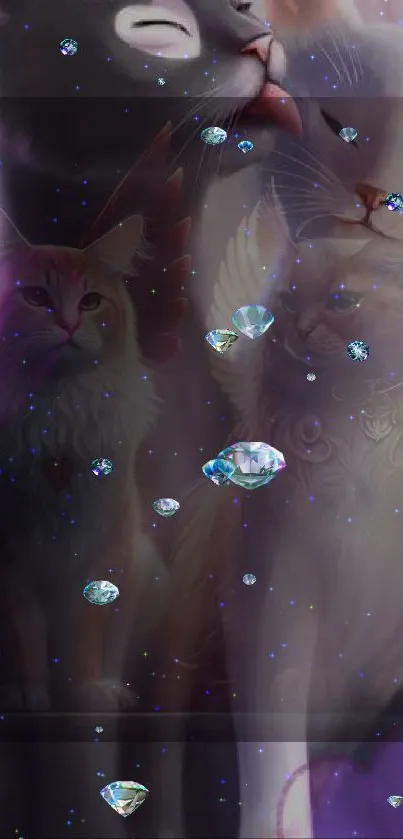 Whimsical cats adorned with sparkling jewels in enchanting purple hues.