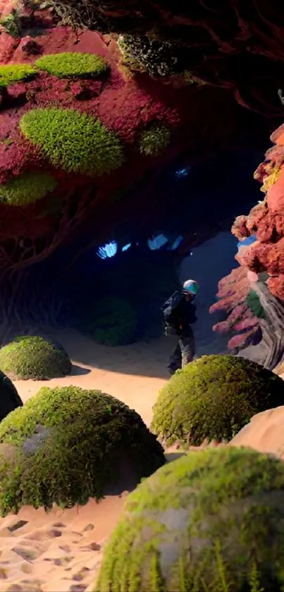 Explorer in a vibrant, mossy cave with colorful stones.