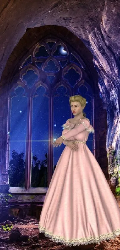 Fantasy cave wallpaper with a woman in a pink gown.