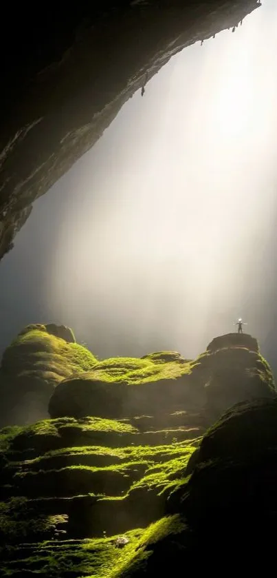 A breathtaking view of a mossy cave illuminated by serene beams of light.