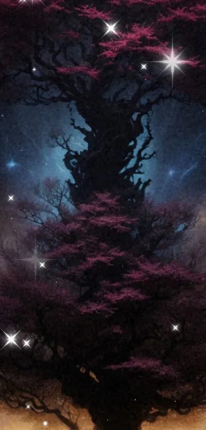 Enchanted tree with pink foliage under a starry night sky.