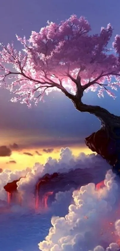 Mystical cherry blossom tree with vibrant sky.