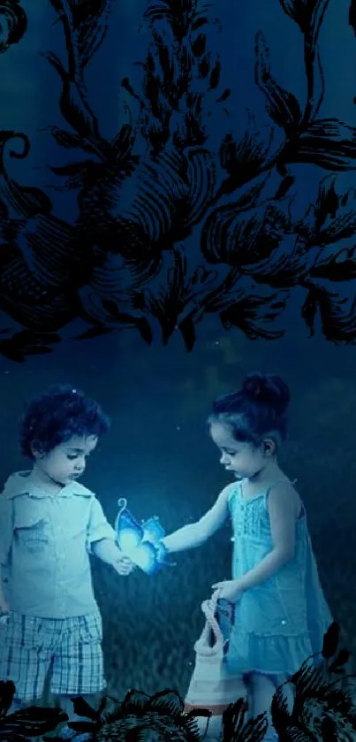 Children holding glowing butterfly under starry blue night sky.