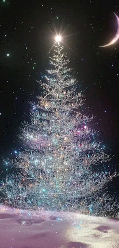 Enchanted night with a lit Christmas tree and crescent moon under starry sky.