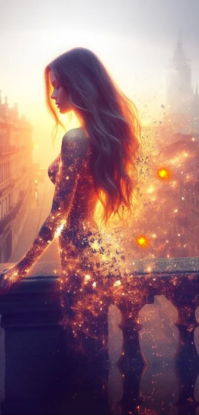 Enchanting silhouette with glowing sparkles in a mystical cityscape.