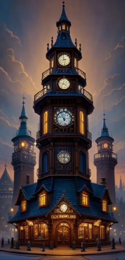 Enchanted clock tower in a mystical evening town with glowing lights and whimsical design.