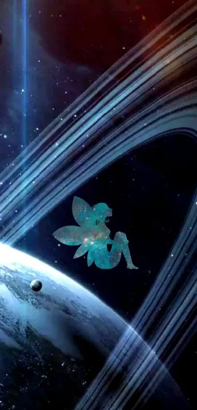 Cosmic wallpaper featuring fairy with planet rings.