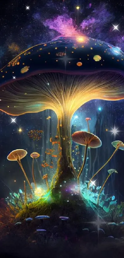 Magical cosmic mushroom glowing at night with a starry background.