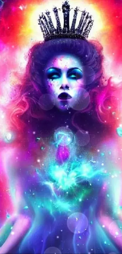 Vibrant cosmic queen with neon colors in a mystical galaxy.