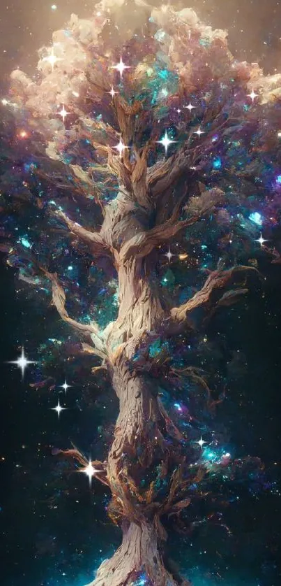 Mystical cosmic tree with vibrant colors in a starry universe background.