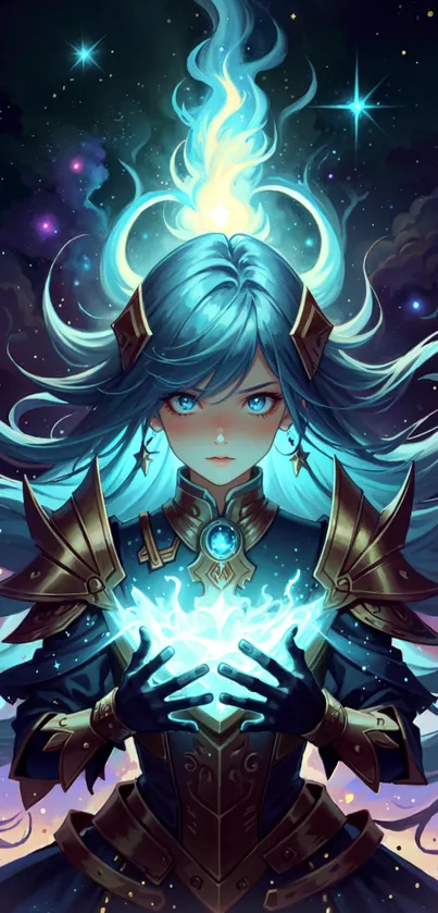 Anime warrior with glowing blue aura in a cosmic setting.