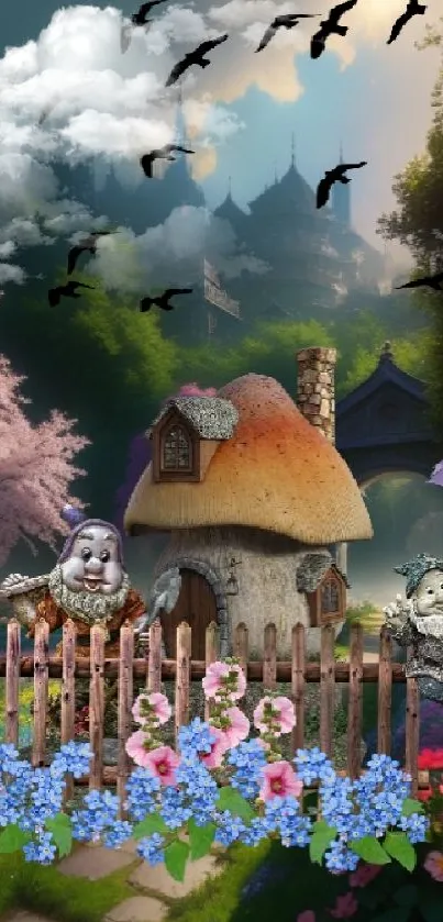 Whimsical cottage in enchanted forest with flowers and crows under a magical castle.