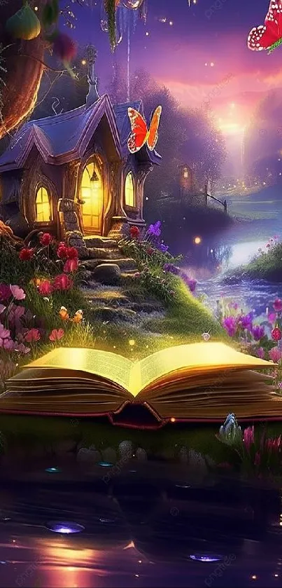 Enchanted cottage and book in fantasy landscape with butterflies.