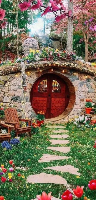 Whimsical enchanted garden with vibrant flowers and a cozy stone cottage.