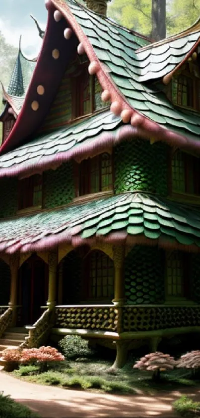 Enchanted cottage surrounded by a lush forest with green foliage.