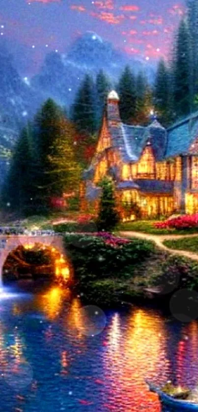 Fairy-tale cottage by a pond under a glowing twilight sky.