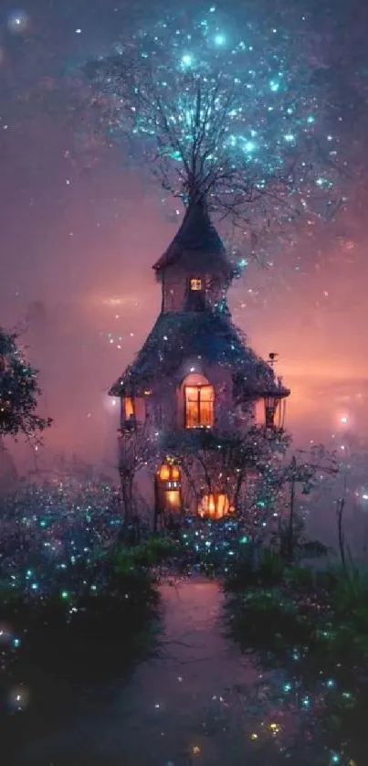 Fantasy scene of an enchanted cottage glowing in a magical forest at night.