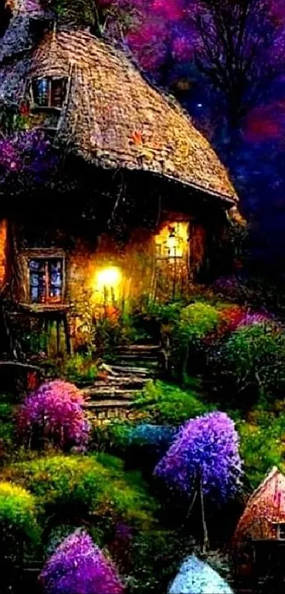 Enchanted cottage under a starry night with vibrant foliage.