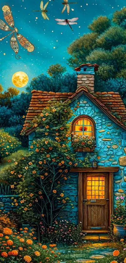 Enchanted cottage under starry sky with dragonflies and vibrant flowers.