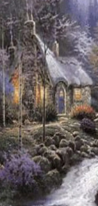 Enchanted forest cottage with stream mobile wallpaper.