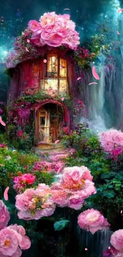 Enchanted cottage with pink roses and waterfall in a mystical forest setting.