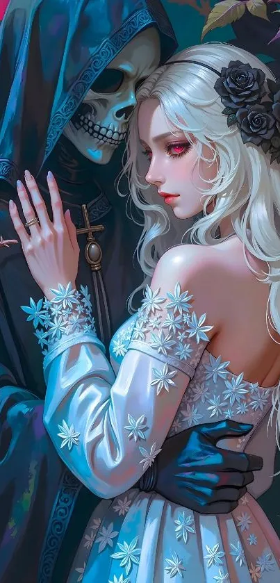 Fantasy artwork of a mystical couple embracing.