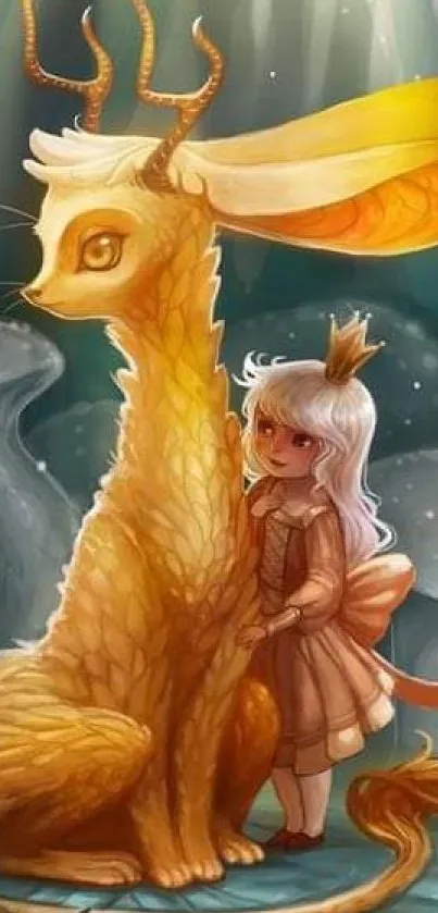 Mystical golden creature and child in an enchanting forest fantasy art wallpaper.