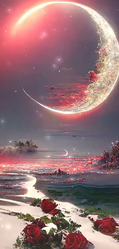 Mystical crescent moon with red roses and ethereal glow.