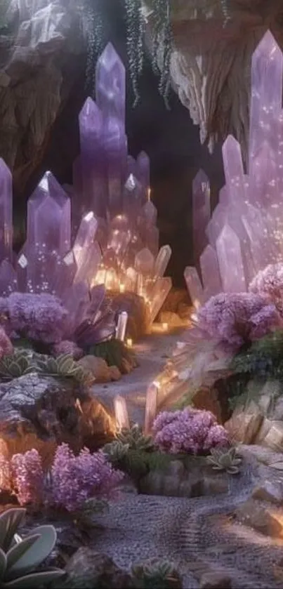 Magical crystal cavern with purple lights.