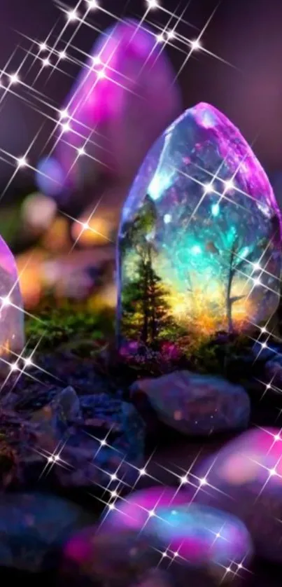 Vibrant enchanted crystal forest with glowing mystical scenery.