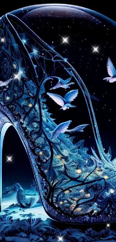 Enchanted high heel with butterflies in a mystical blue setting.