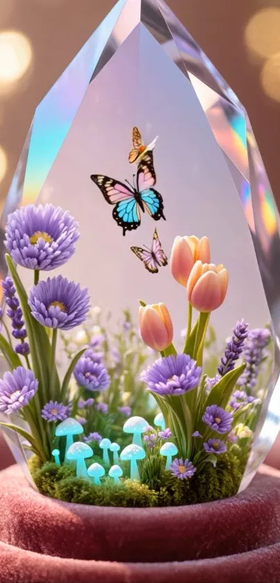 Butterflies and flowers inside a crystal art piece.