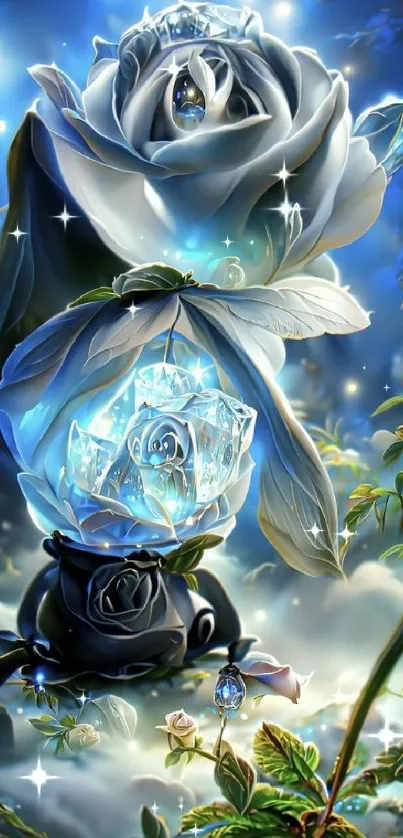 Enchanted crystal rose with blue and white hues.