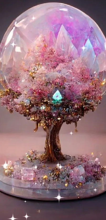 Enchanted tree with crystal leaves in pastel hues on a decorative stand.